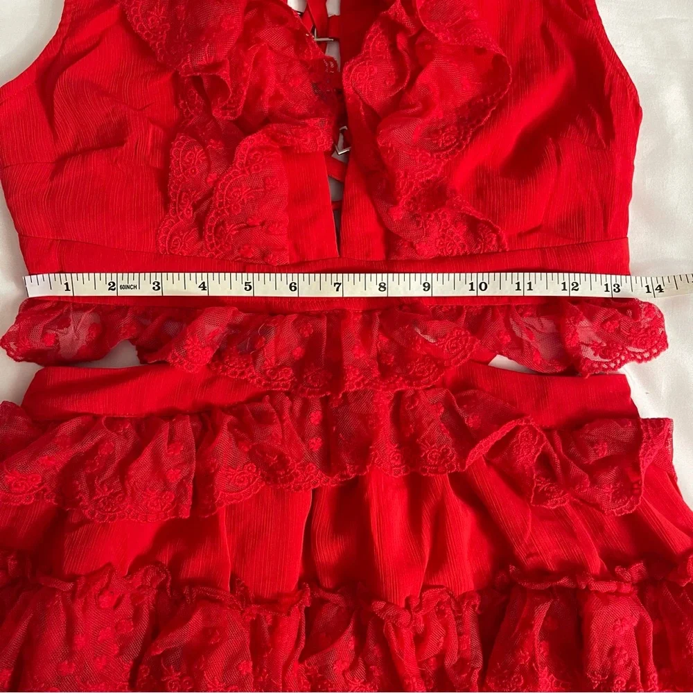 Red V-neckline lace ruffle crisscross back cutout dress - Picture 11 of 13